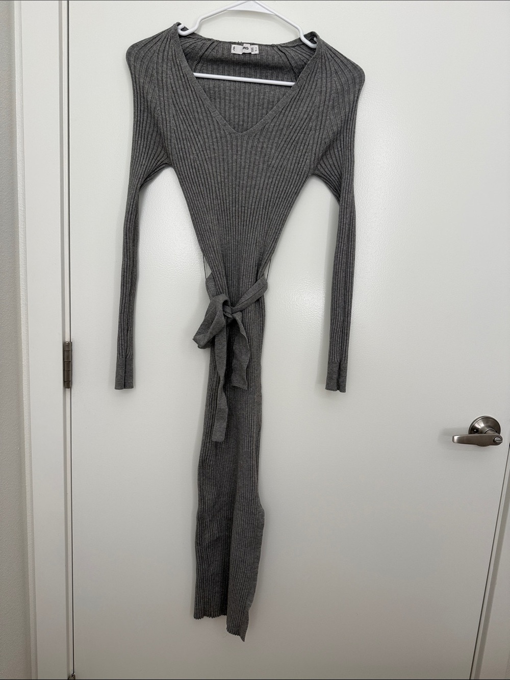 Mango Ribbed Knit Long Sleeve Gray Wrap Dress